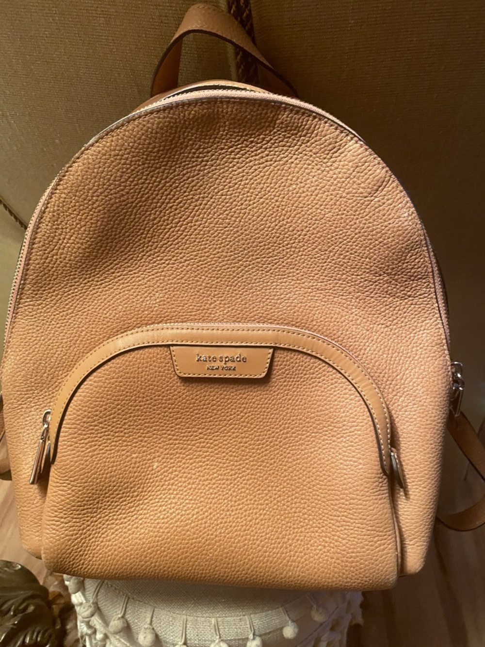 kate spade tan pebbled leather backpack with front pocket